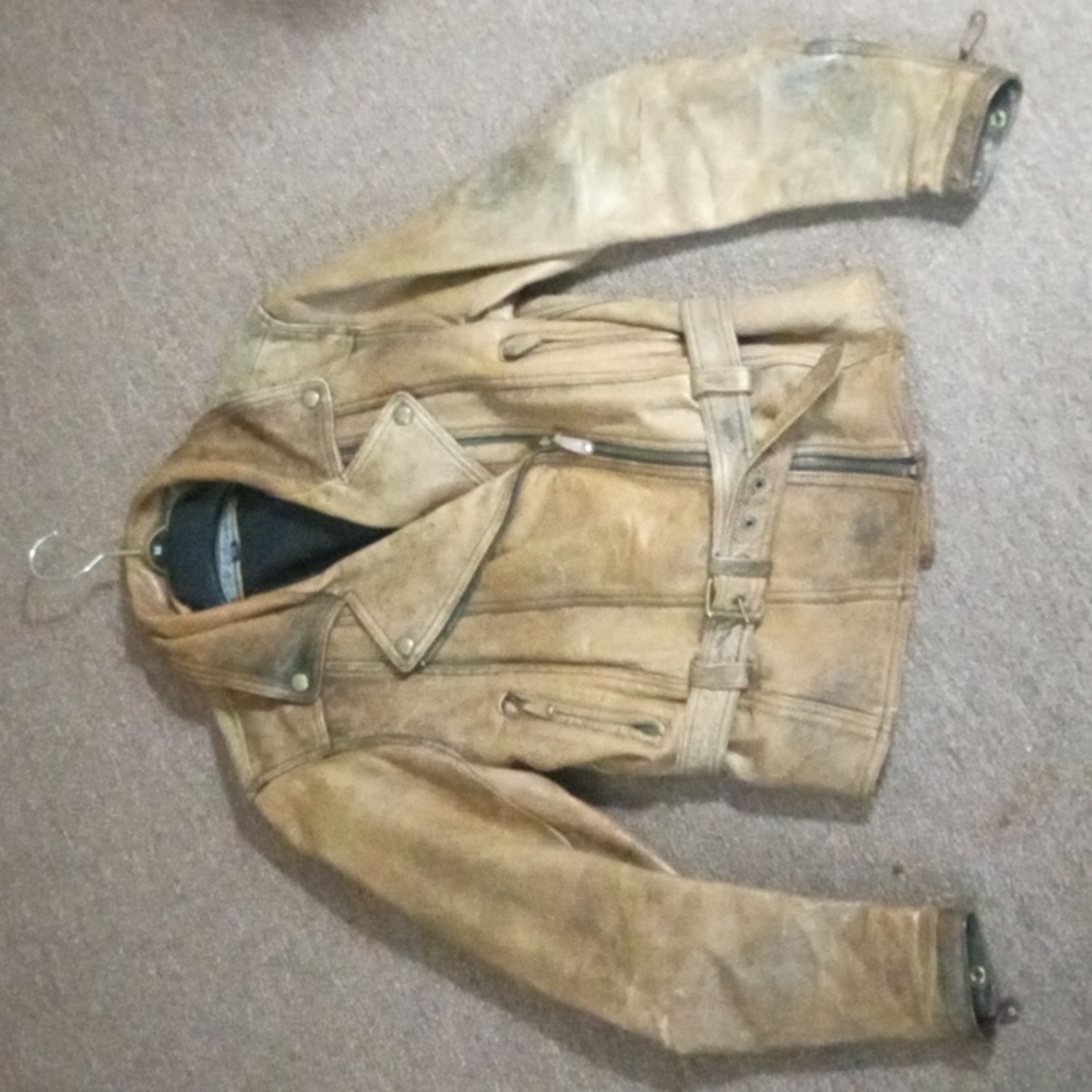 CMM VINTAGE DISTRESSED BELTED 100% LEATHER JACKET LARGE BROWN/TAN